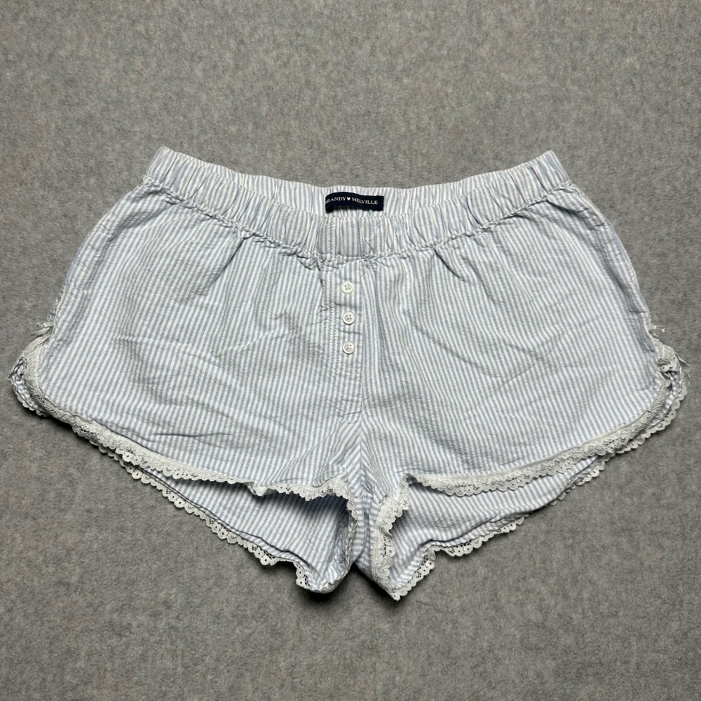 Brandy Melville Blue White Striped Seersucker Lace Trim Pajama Shorts‎